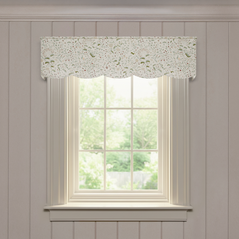 Ruby Moss Scalloped valance in soft printed cotton featuring a delicate floral pattern and scalloped edges, made-to-order quality.