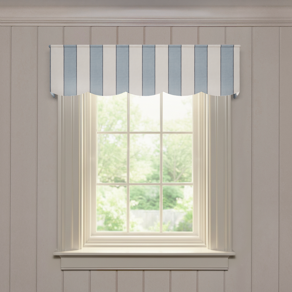 Florence Harbor Scalloped made-to-order valance in soft blue striped fabric with scalloped edges for a tailored window treatment