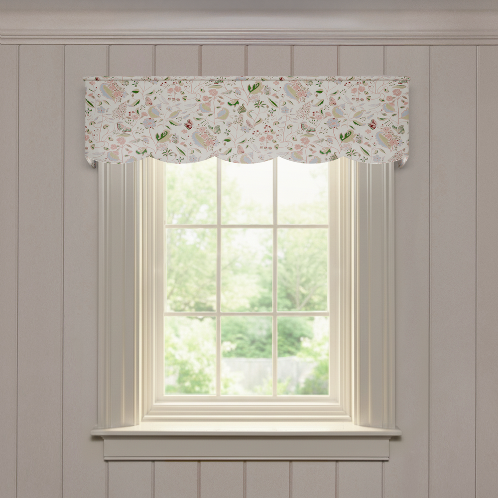 Gemma Rose Scalloped made-to-order valance in printed linen with delicate floral and bird pattern for a fresh look
