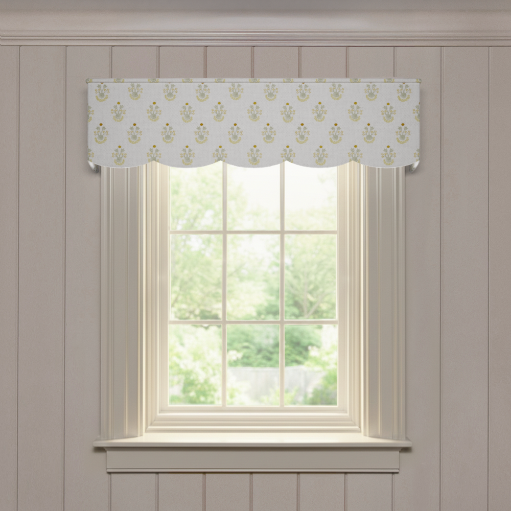 Lucie Chamomile Scalloped made-to-order valance in printed linen, fast delivery, crafted with quality, manufactured in the USA