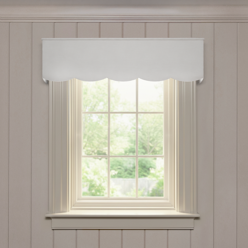 Scalloped Other Fabric Core valance in light linen with clean scalloped edges for a fresh, made-to-order window treatment
