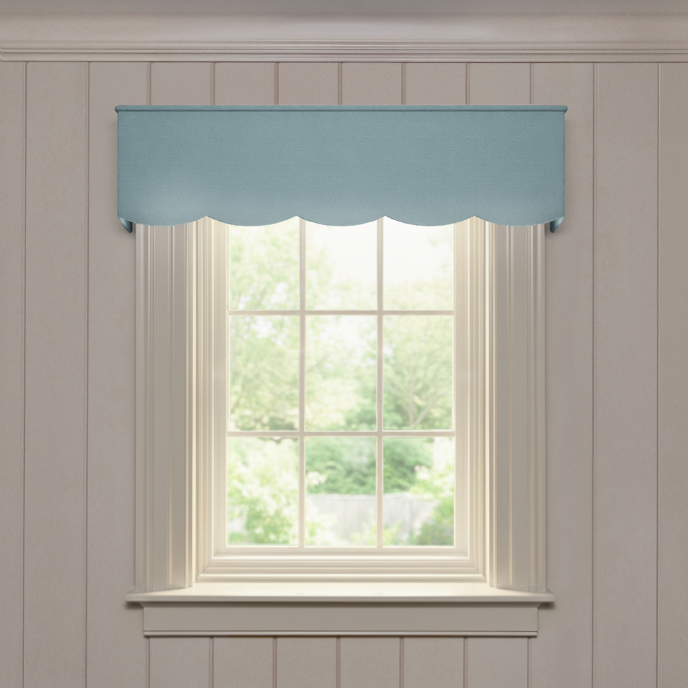 Harbor Scalloped custom valance in soft blue linen with scalloped edges for a tailored, made-to-order window treatment