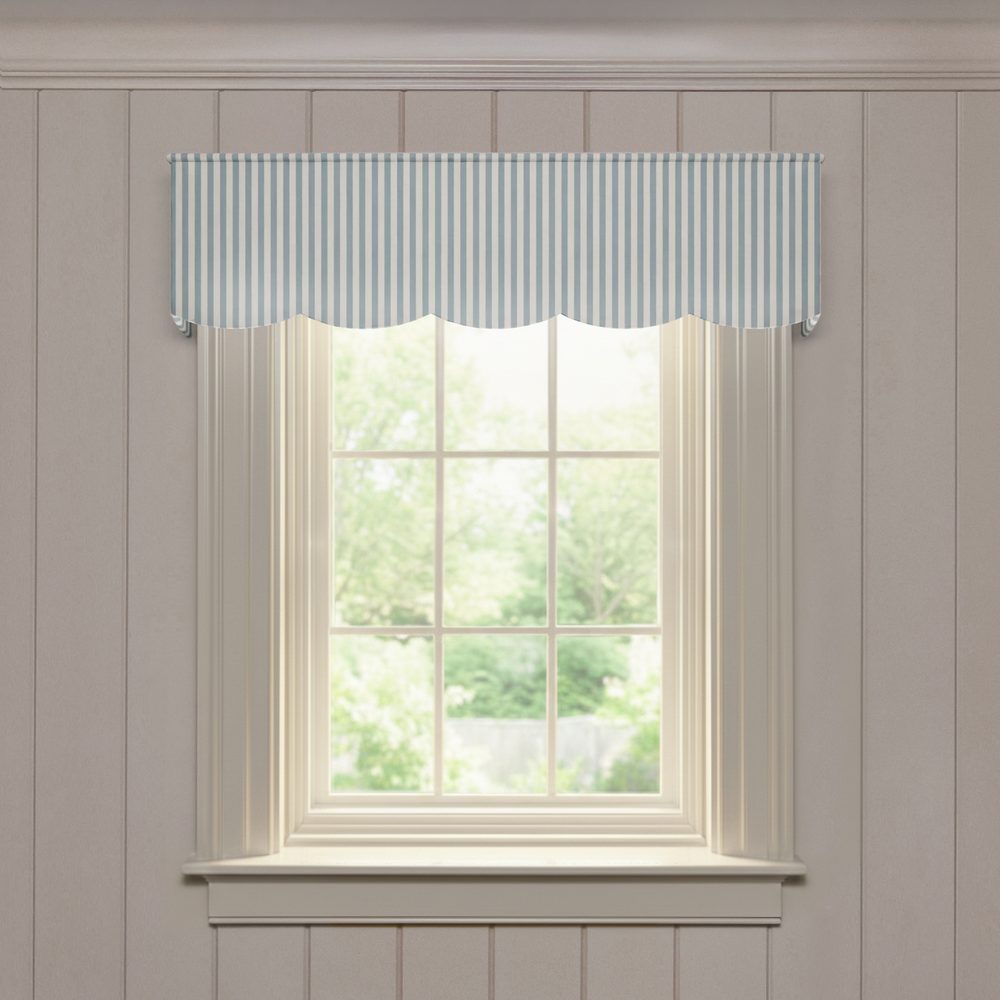 Louisa Harbor Scalloped valance in soft blue stripes, offering a fast, quality made-to-order window treatment option