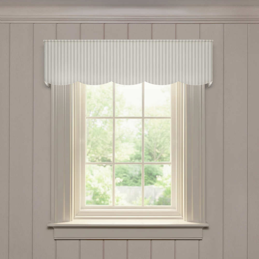 Louisa Sage Scalloped valance in soft sage stripes, offering a quality custom made-to-order window treatment solution