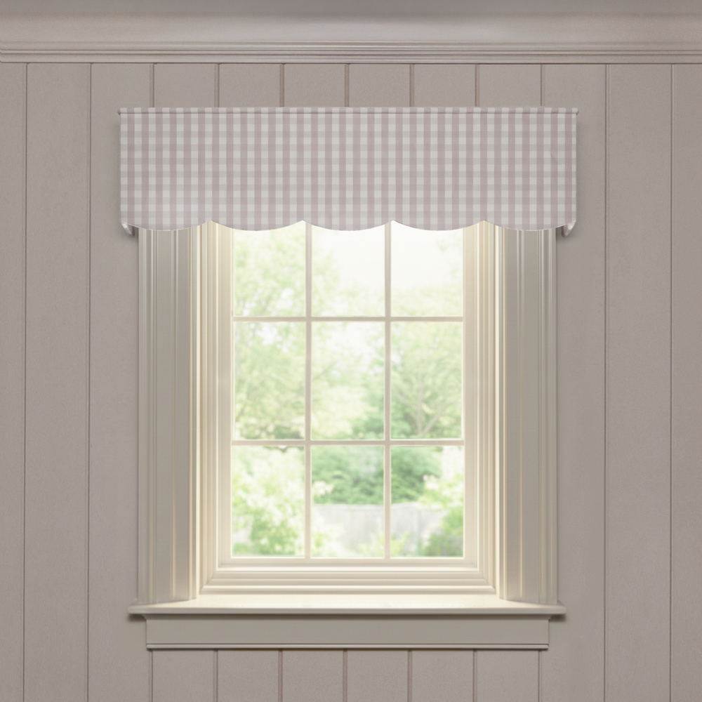 Millie Orchid Scalloped valance in soft orchid gingham, designed for a fast, custom made-to-order window treatment solution