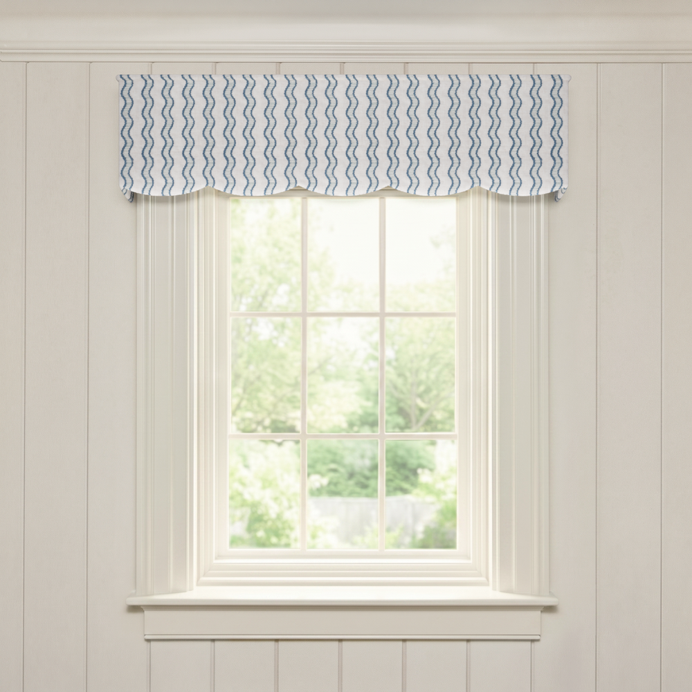 Beatrice blue wavy patterned window valance, made to order in the USA with short lead times