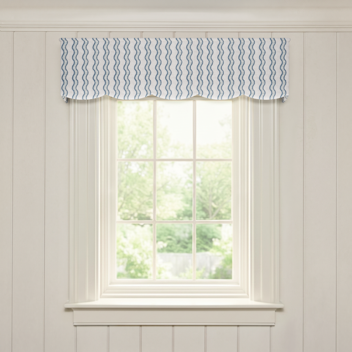 Beatrice blue wavy patterned window valance, made to order in the USA with short lead times