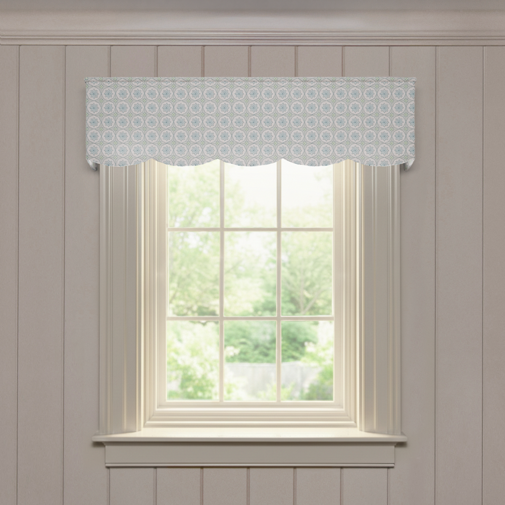Hayes Sea Salt Scalloped valance in soft patterned fabric, a quality fast custom made-to-order window treatment