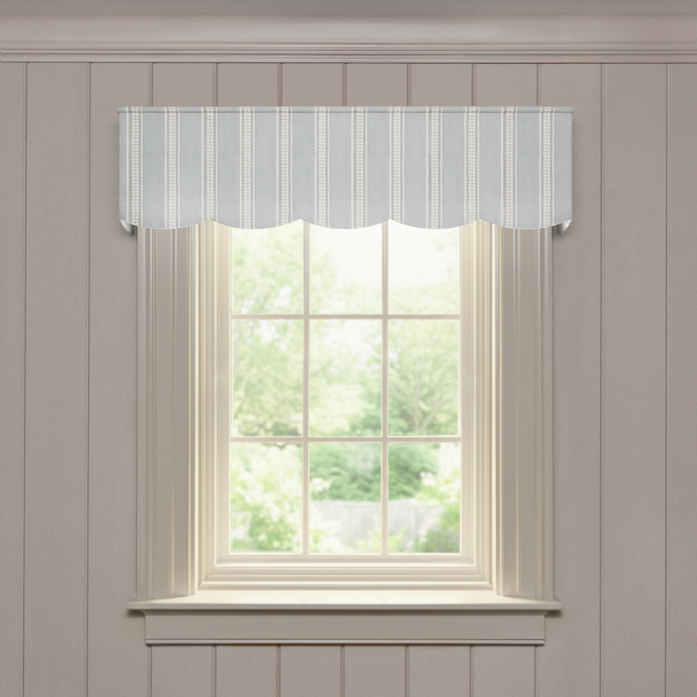 Margot Mist Scalloped valance in soft blue vertical stripes, a fast custom made-to-order window treatment with quality design