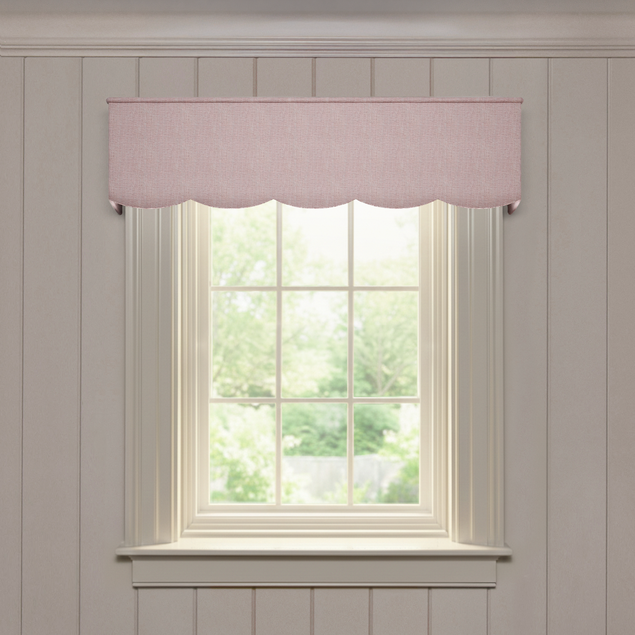 Dahlia scalloped valance in custom woven fabric, made-to-order with short lead times, manufactured in the USA quality design
