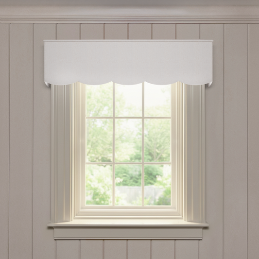 Sand Scalloped roman shade in soft sand fabric, made-to-order with short lead times, manufactured in the USA quality design