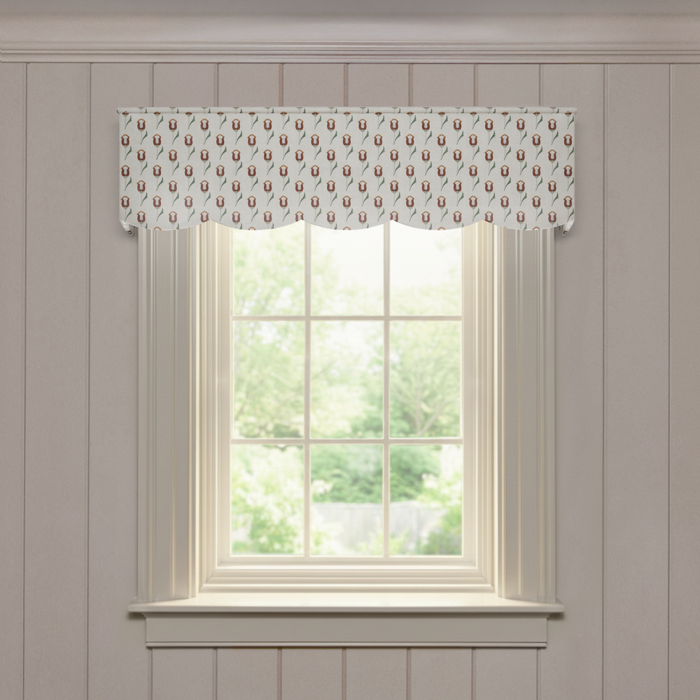 Annabelle Maroon Scalloped made-to-order valance in printed cotton with scalloped edges for a custom window treatment