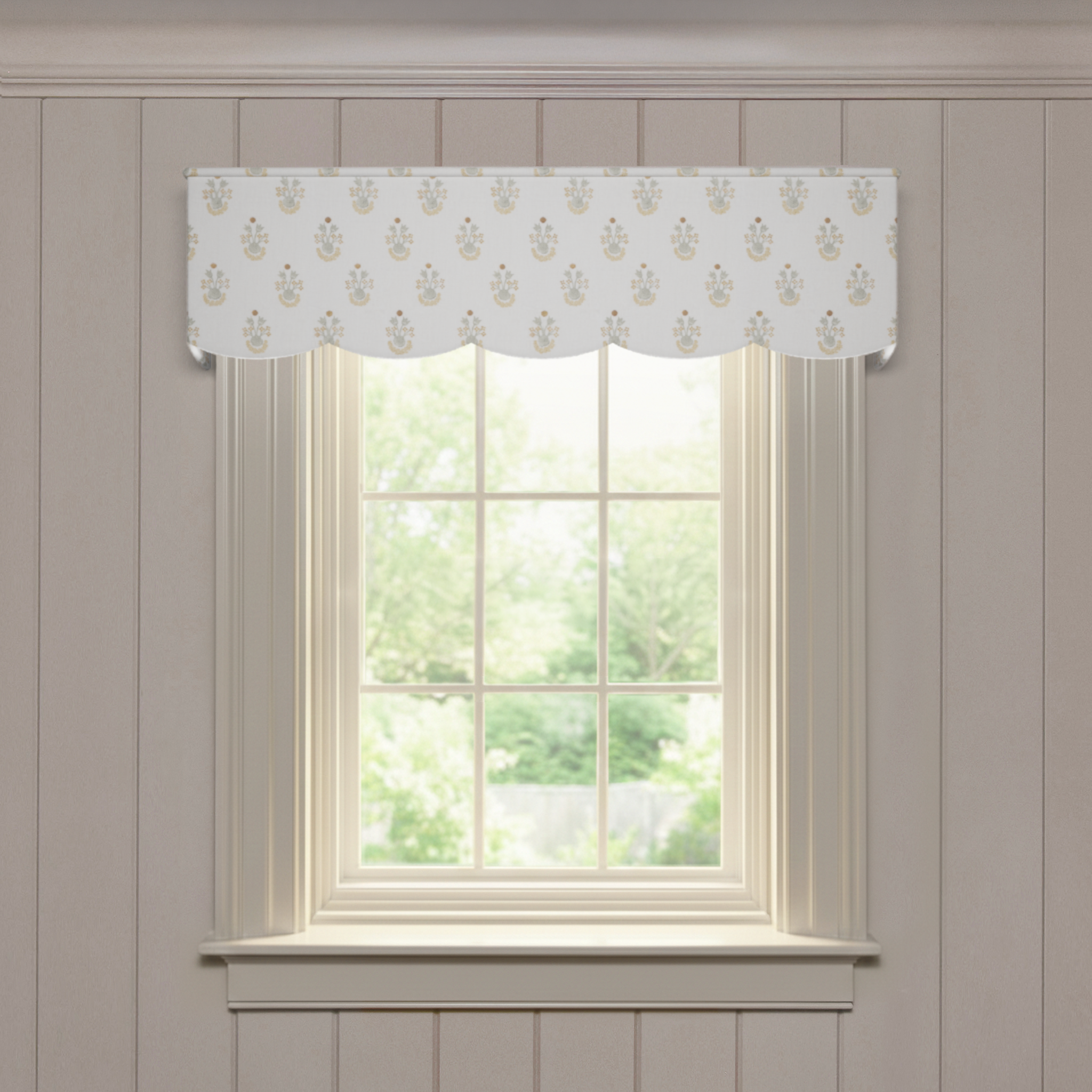 Lucie Chamomile Scalloped made-to-order valance in printed cotton with fast turnaround, crafted in the USA quality