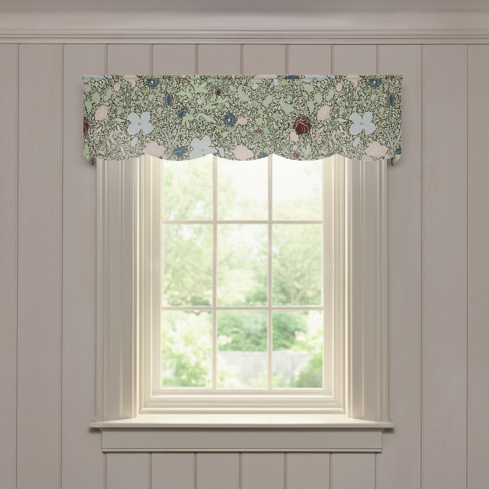 Matilda Scalloped valance in printed cotton with a soft floral pattern and scalloped edges, a quality made-to-order window treatment