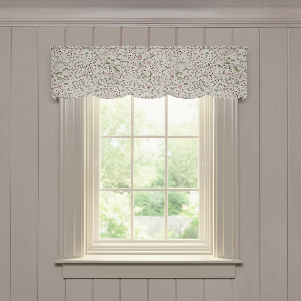 Ruby Burgundy Scalloped custom valance in printed cotton with scalloped edges and a delicate botanical pattern, made-to-order quality.