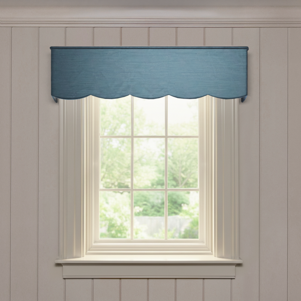 Aegean Scalloped valance in solid blue silk with scalloped edge, made-to-order, quick delivery, manufactured in the USA
