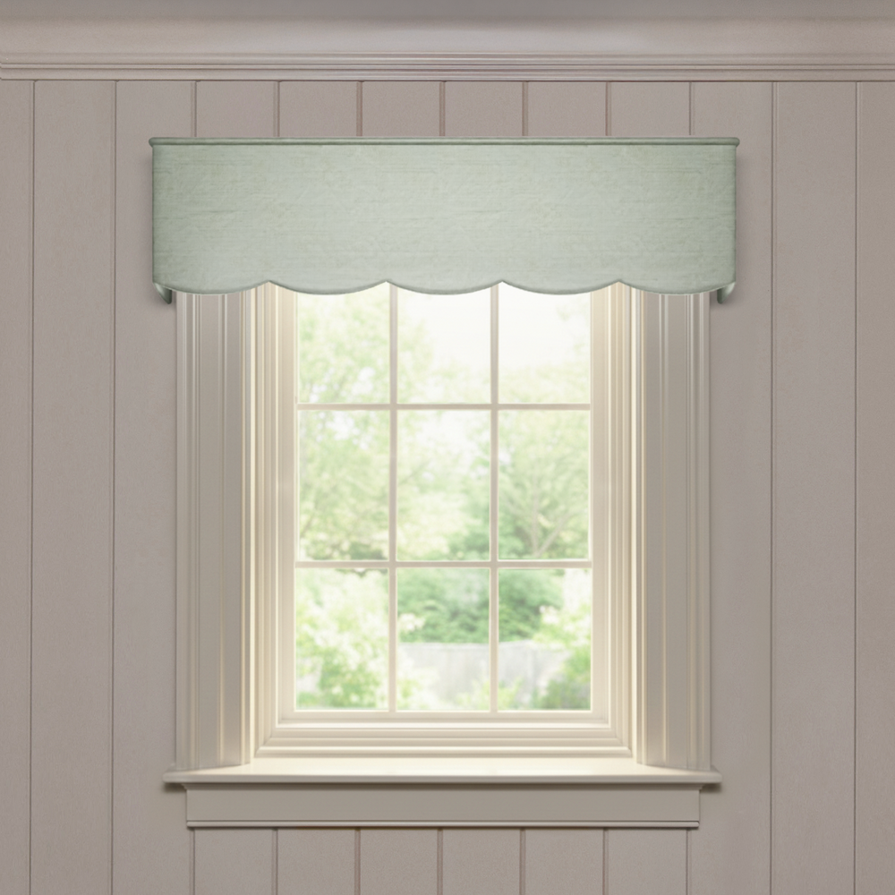 Julep Scalloped valance in soft green silk with scalloped design, made-to-order, quick turnaround, crafted in the USA