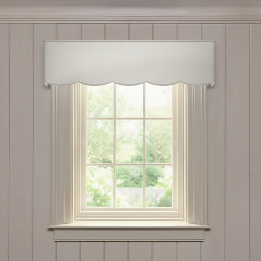 Pearl Scalloped valance in smooth solid silk with scalloped edge, made-to-order, fast delivery, crafted in the USA