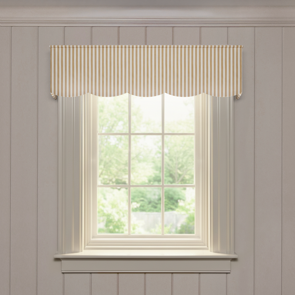 Louisa Camel Scalloped valance in soft camel stripes, designed as a fast, quality made-to-order window treatment option