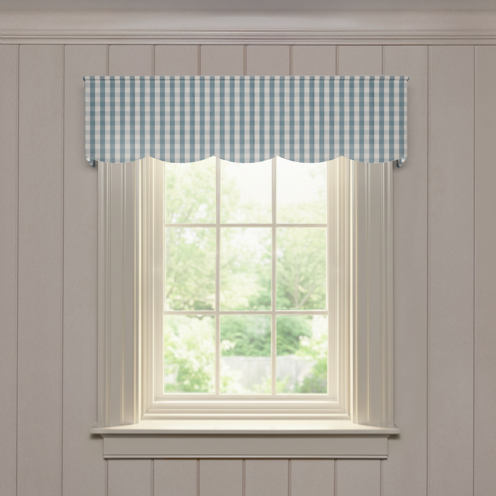 Millie Harbor Scalloped valance in blue gingham check, crafted for a fast, quality made-to-order window treatment solution