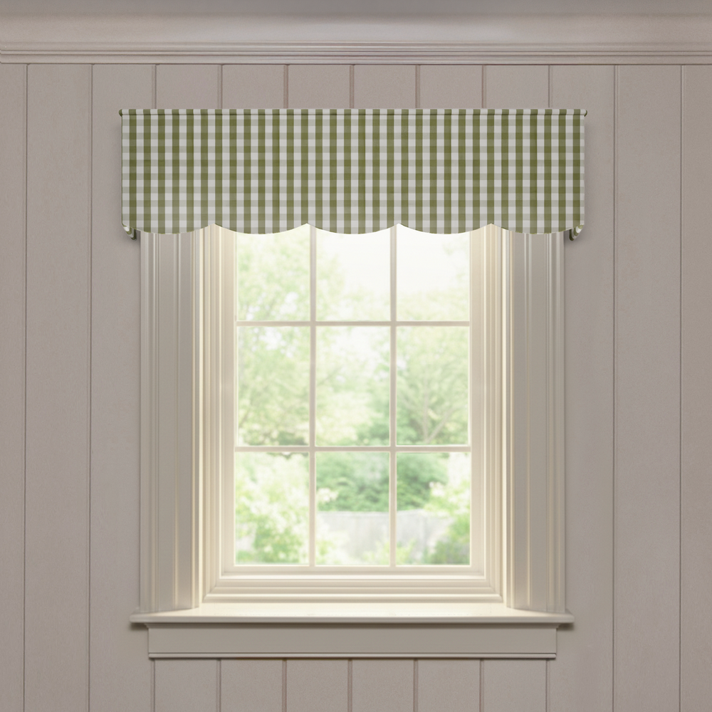 Millie Moss Scalloped valance in green gingham check, tailored for a quality made-to-order window treatment solution