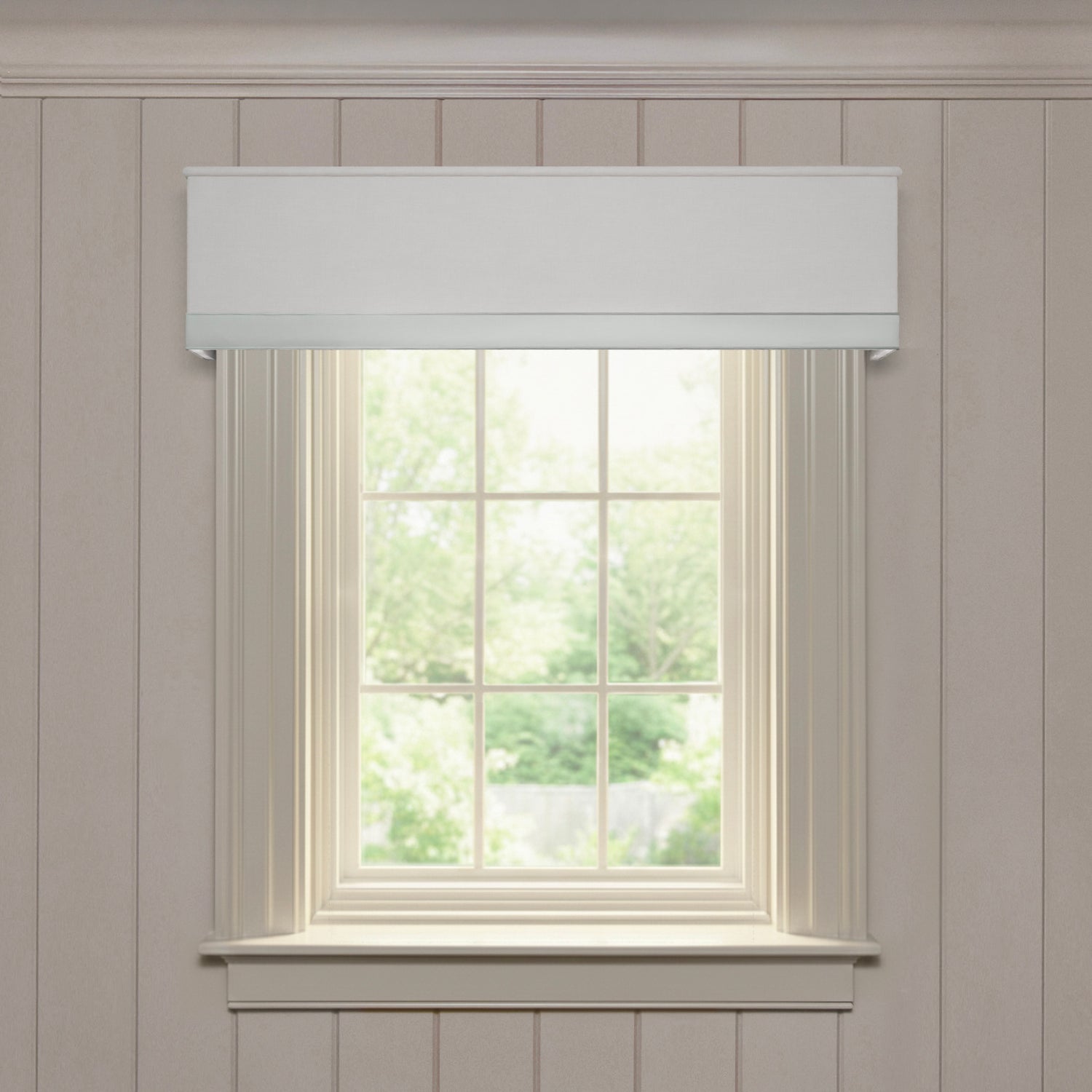 Flour made-to-order valance in solid linen fabric with a clean, tailored design for a fresh, modern window look