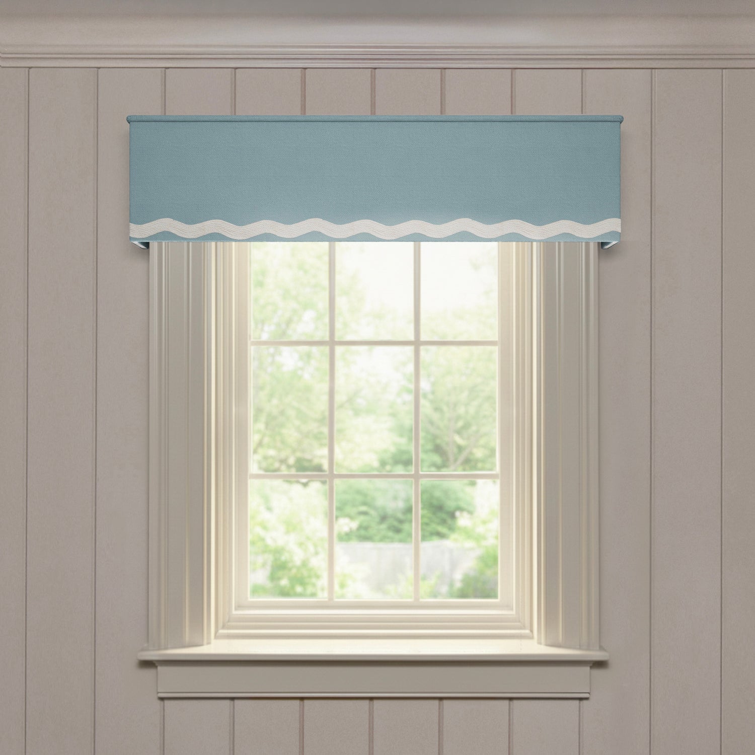 Harbor custom made-to-order valance in solid blue linen with white wave detail for a fresh, tailored window treatment