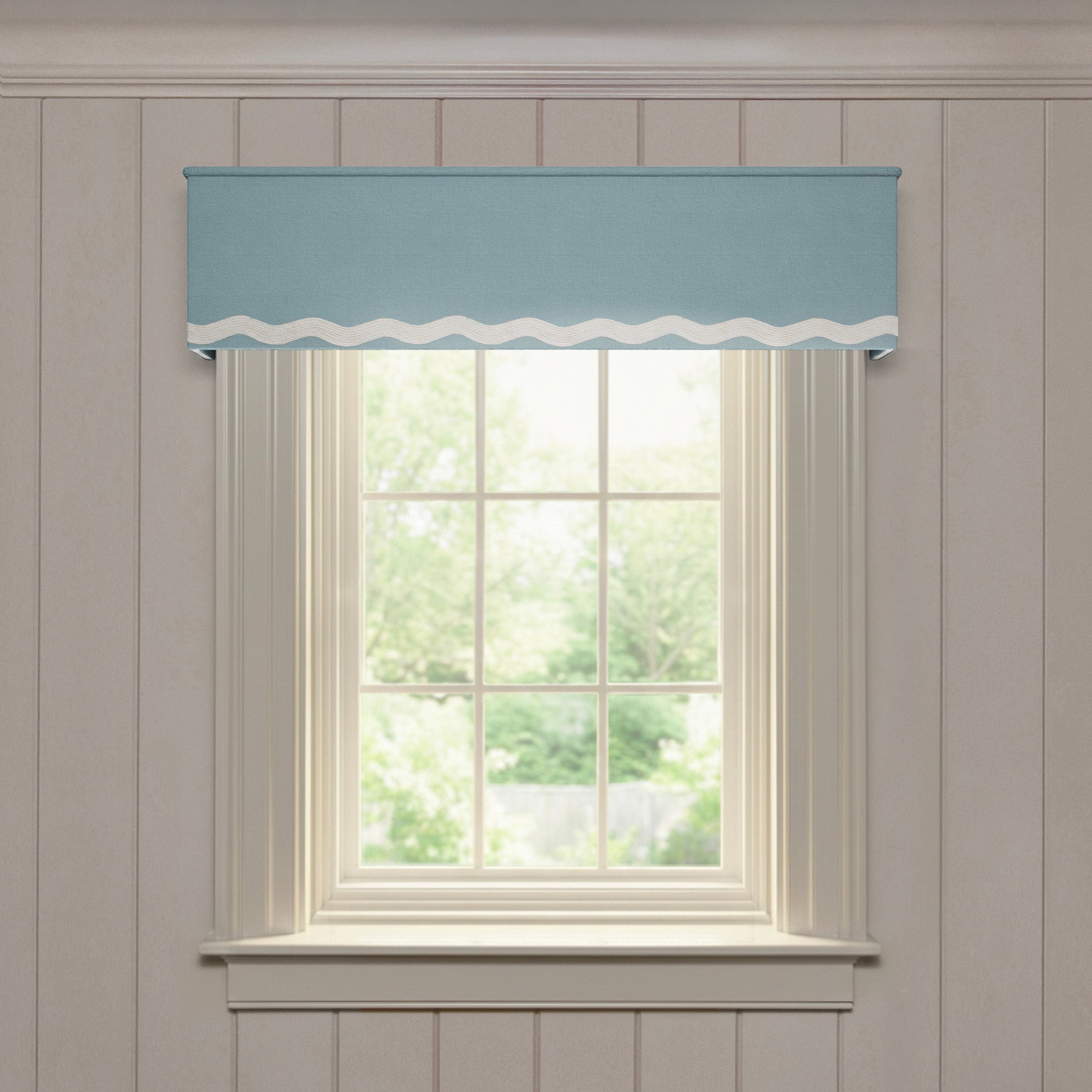 Harbor custom made-to-order valance in solid blue linen with white wave detail for a fresh, tailored window treatment