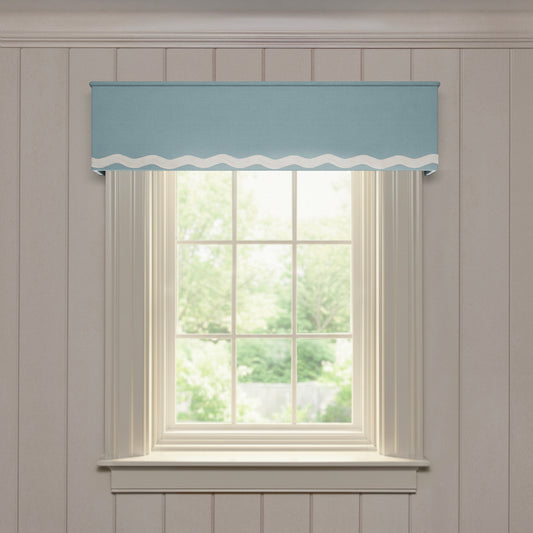 Harbor custom made-to-order valance in solid blue linen with white wave detail for a fresh, tailored window treatment