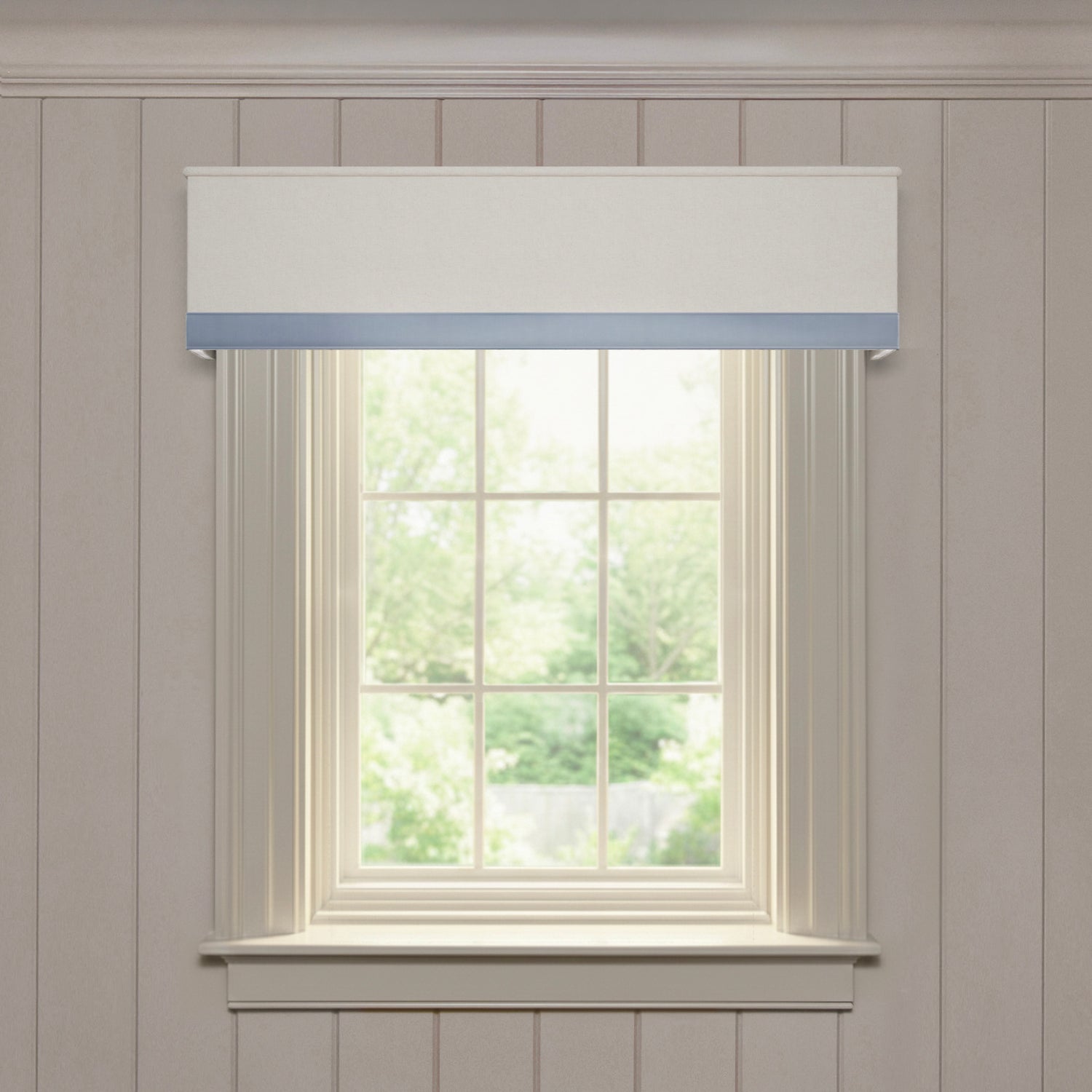 Oat custom made-to-order valance in solid linen with a soft blue border, tailored for a clean modern look