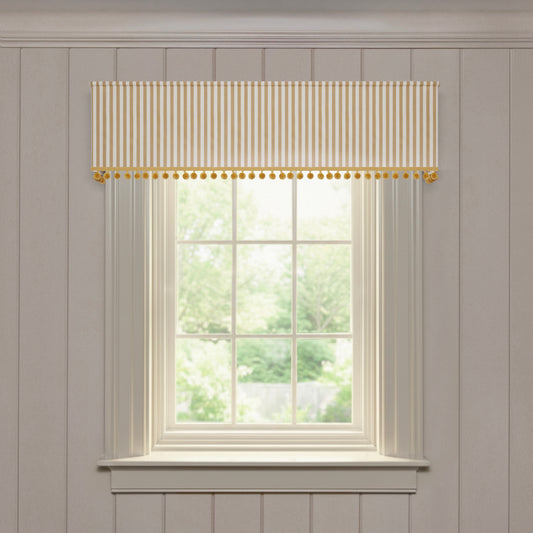 Louisa Camel striped valance with pom-pom trim, designed for a quality custom made-to-order window treatment solution