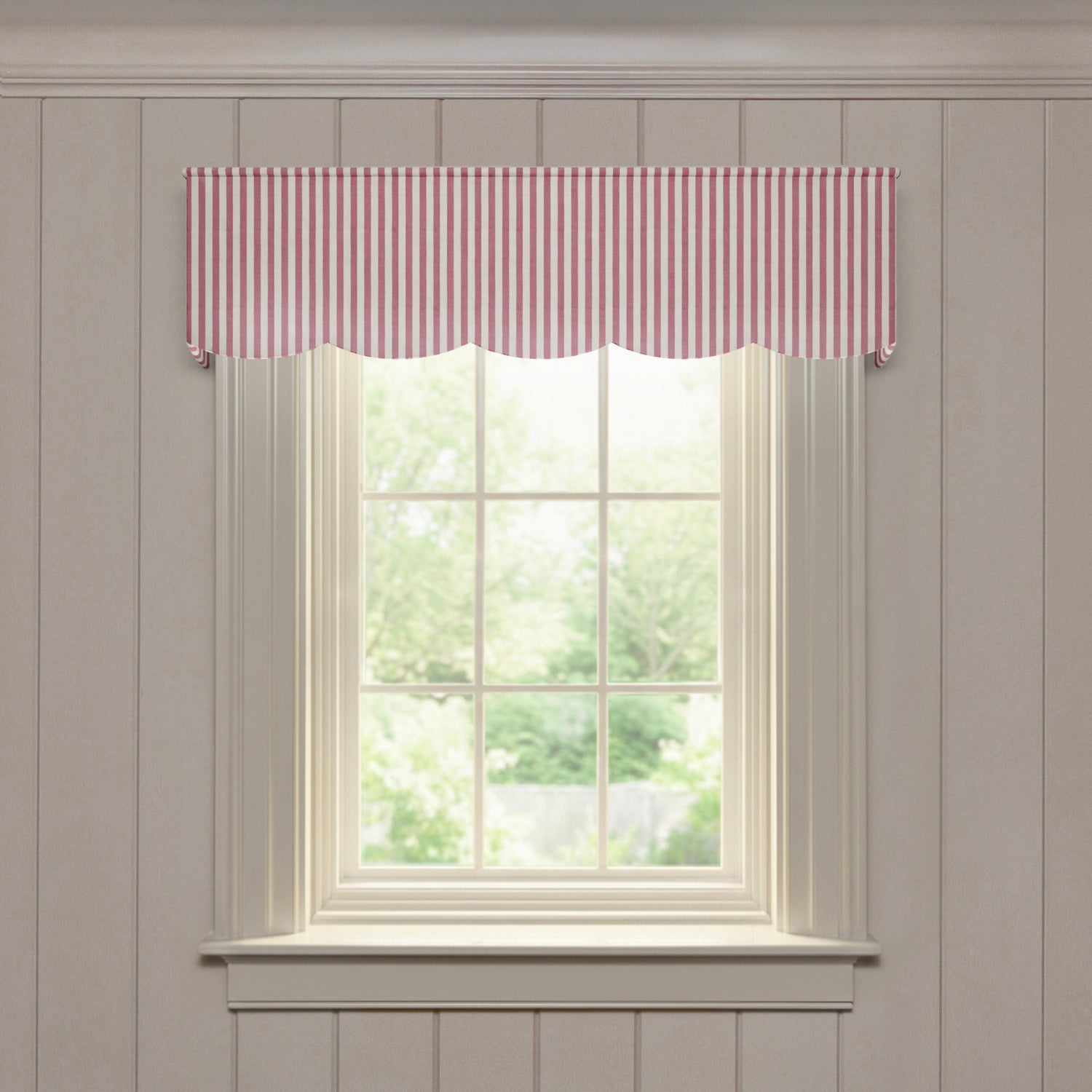 Louisa Cranberry scalloped valance in striped woven fabric, offering a quality fast custom made-to-order window treatment