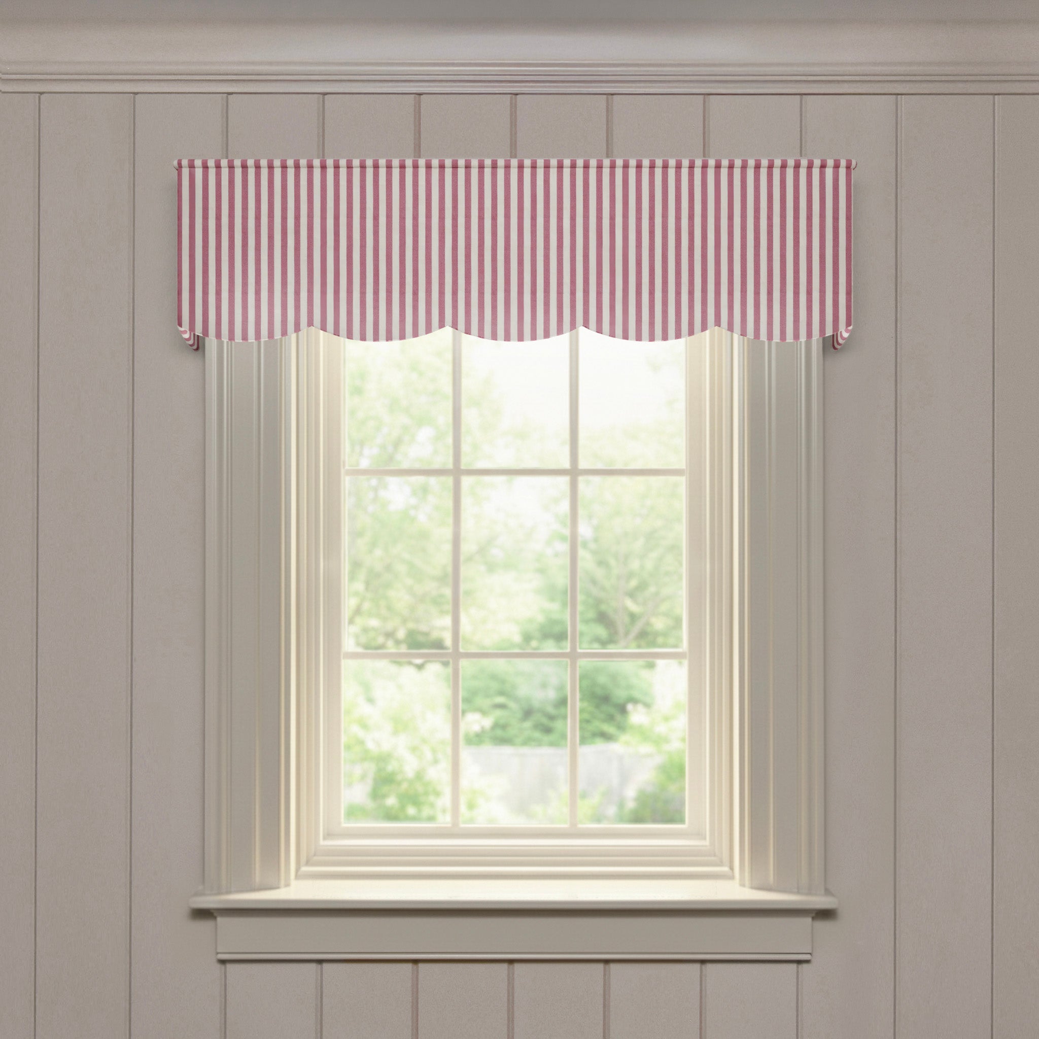 Louisa Cranberry scalloped valance in striped woven fabric, offering a quality fast custom made-to-order window treatment