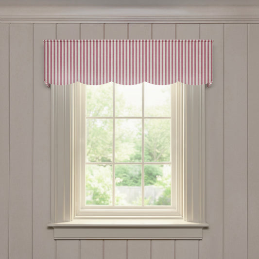 Louisa Cranberry scalloped valance in striped woven fabric, offering a quality fast custom made-to-order window treatment