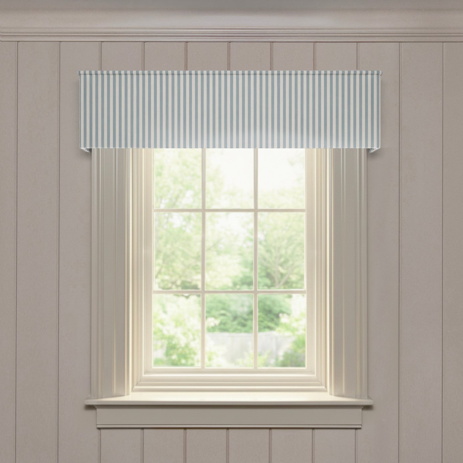 Louisa Harbor tailored valance in soft blue stripes, offering a fast, quality made-to-order window treatment solution