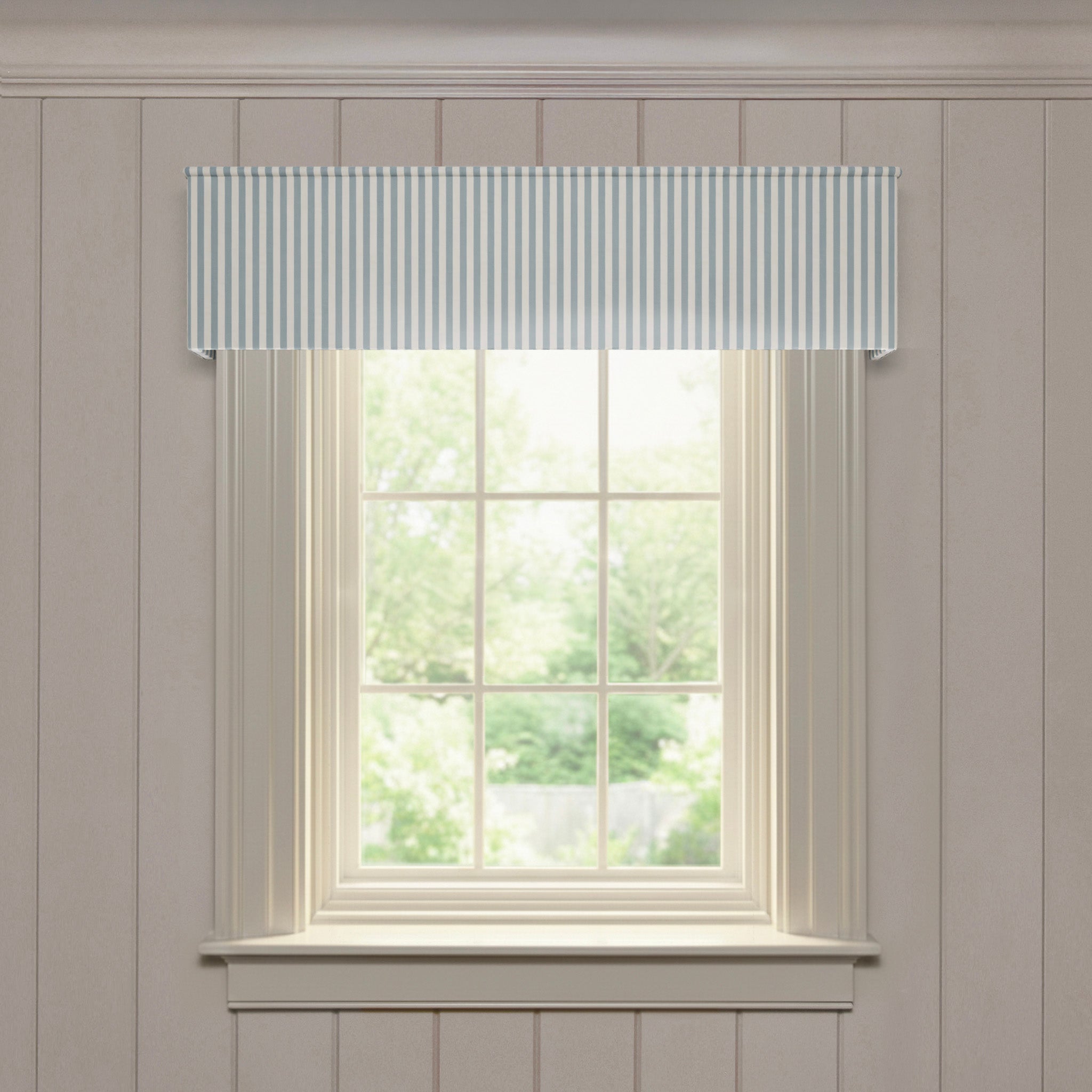 Louisa Harbor tailored valance in soft blue stripes, offering a fast, quality made-to-order window treatment solution