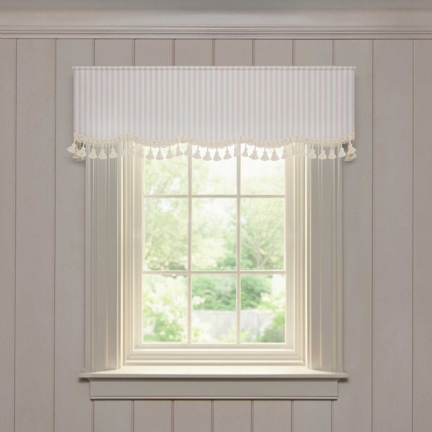 Louisa Petal scalloped valance in soft striped fabric with tassel trim, crafted for a fast, quality made-to-order window treatment