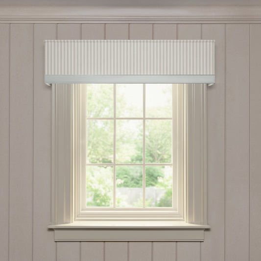 Louisa Sage tailored valance in soft sage stripes, providing a quality made-to-order window treatment solution