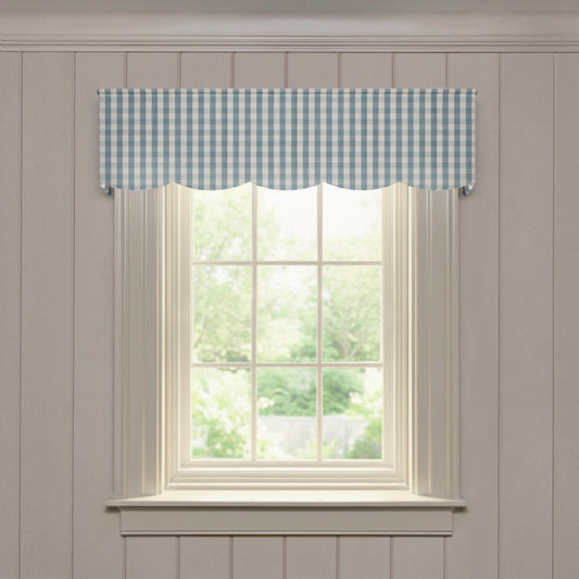 Millie Harbor custom valance in blue gingham check with scalloped edges, designed for a quality made-to-order window treatment