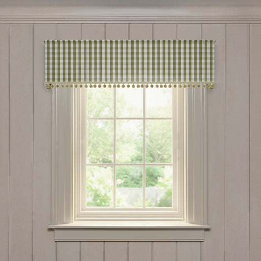 Millie Moss custom valance with green gingham check and pom-pom trim, crafted for a custom made-to-order window treatment