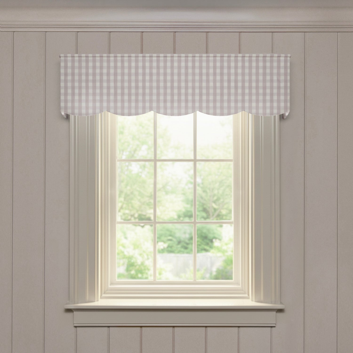 Millie Orchid scalloped valance in soft orchid gingham, crafted for a fast, quality made-to-order window treatment solution