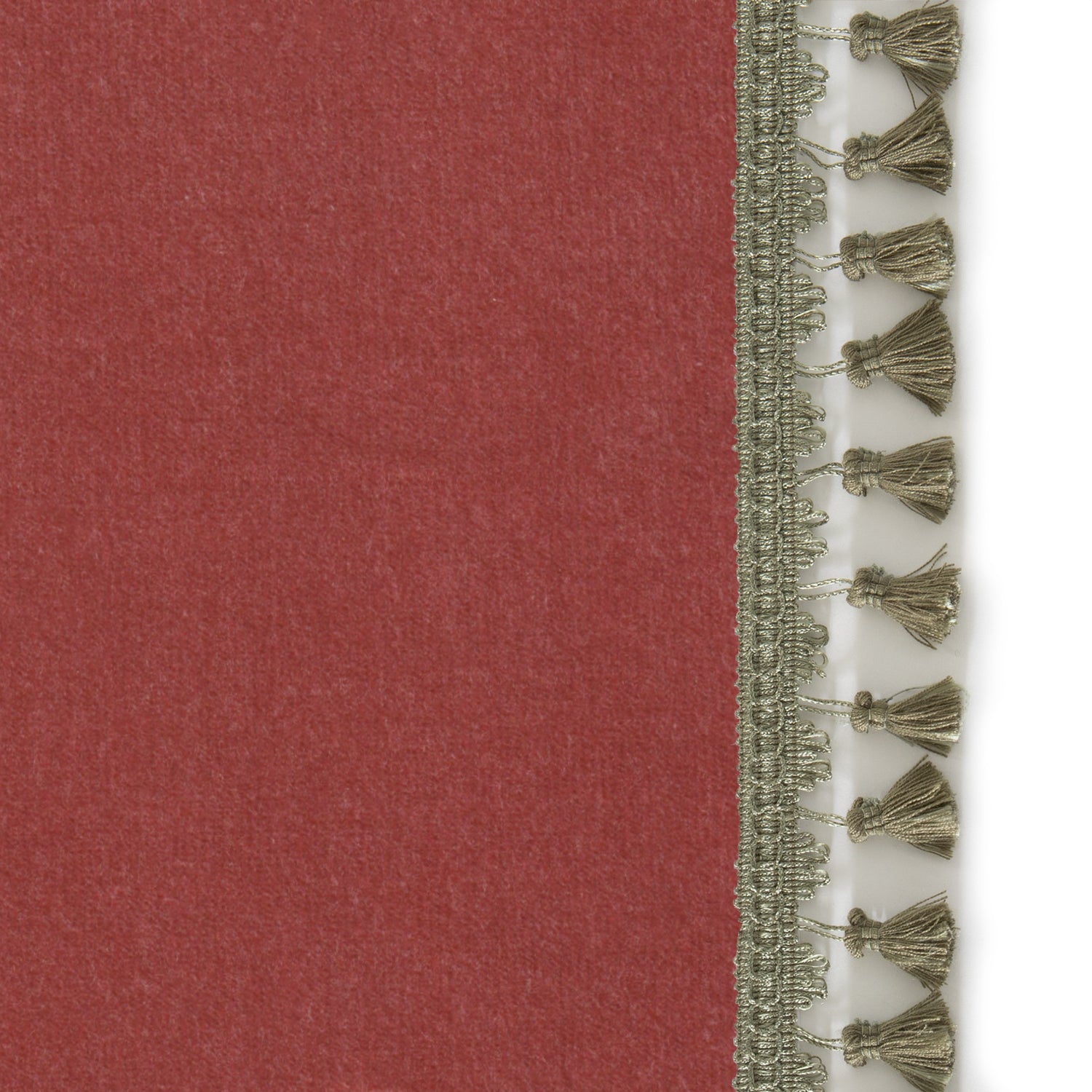 Upclose picture of Cosmo Velvet custom Coralcurtain with sage tassel trim