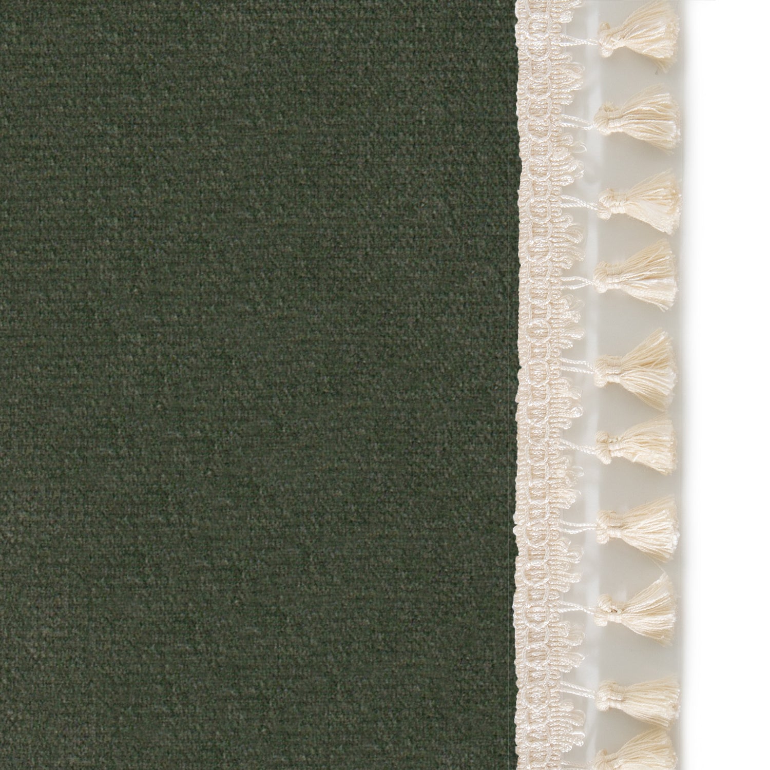 Upclose picture of Fern Velvet custom curtain with cream tassel trim