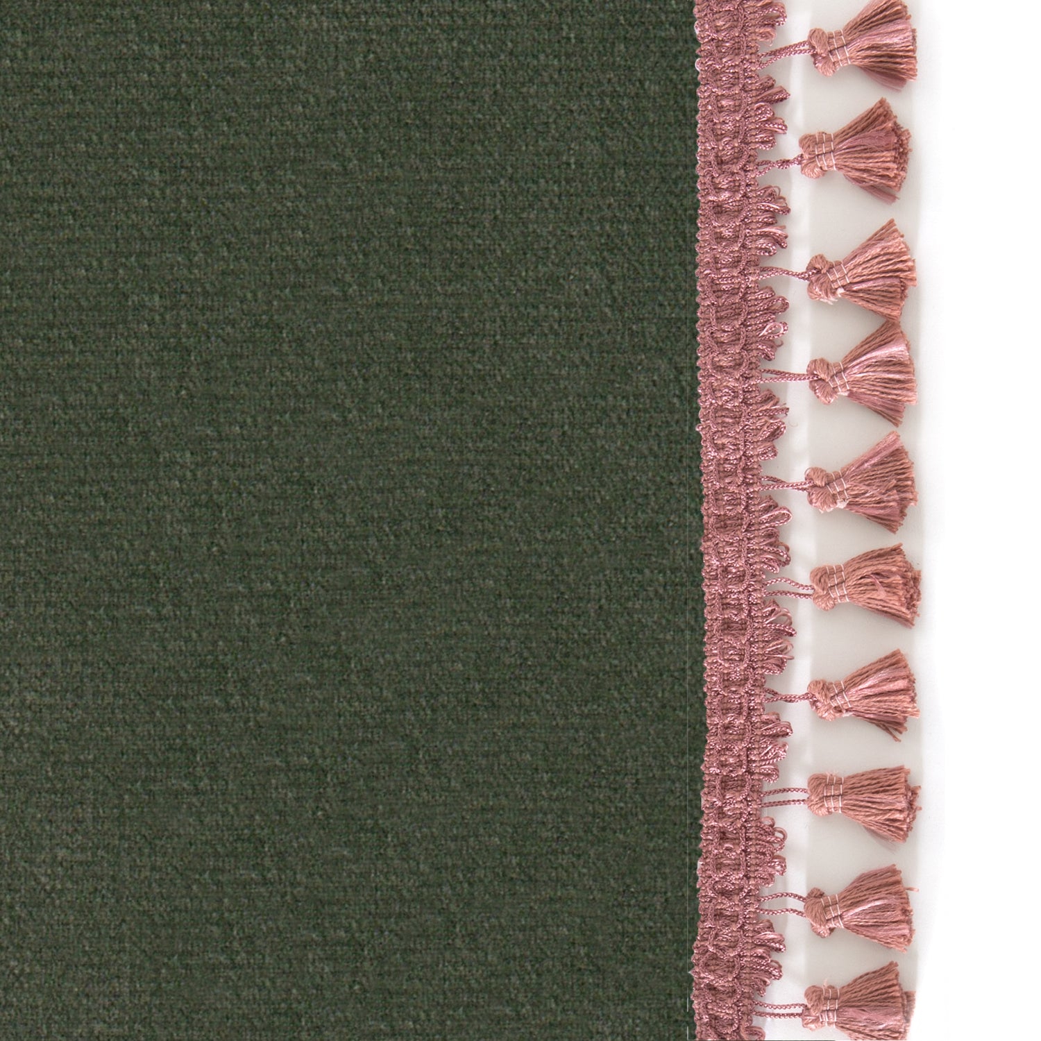 Upclose picture of Fern Velvet custom Fern Greencurtain with dusty rose tassel trim