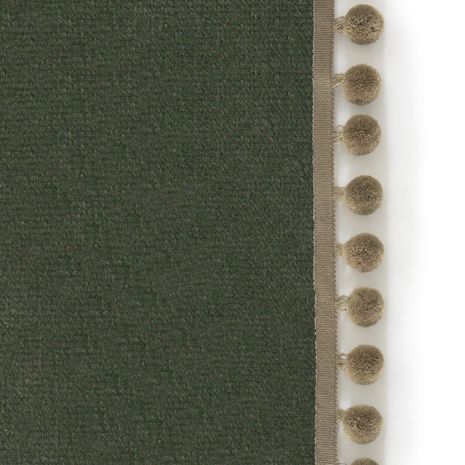 Upclose picture of Fern Velvet custom Fern Greencurtain with olive pom pom trim