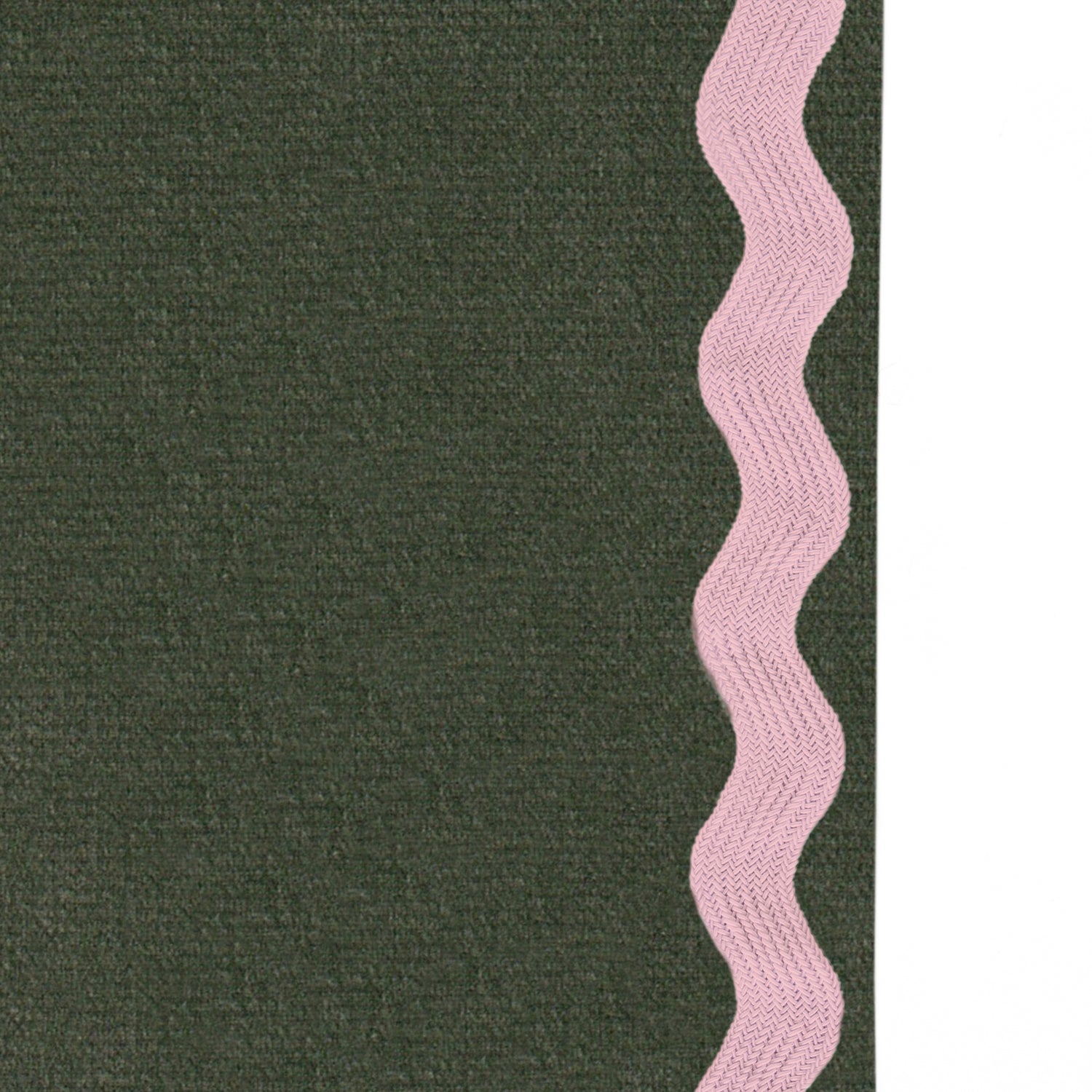 Upclose picture of Fern Velvet custom Fern Greencurtain with peony rick rack trim