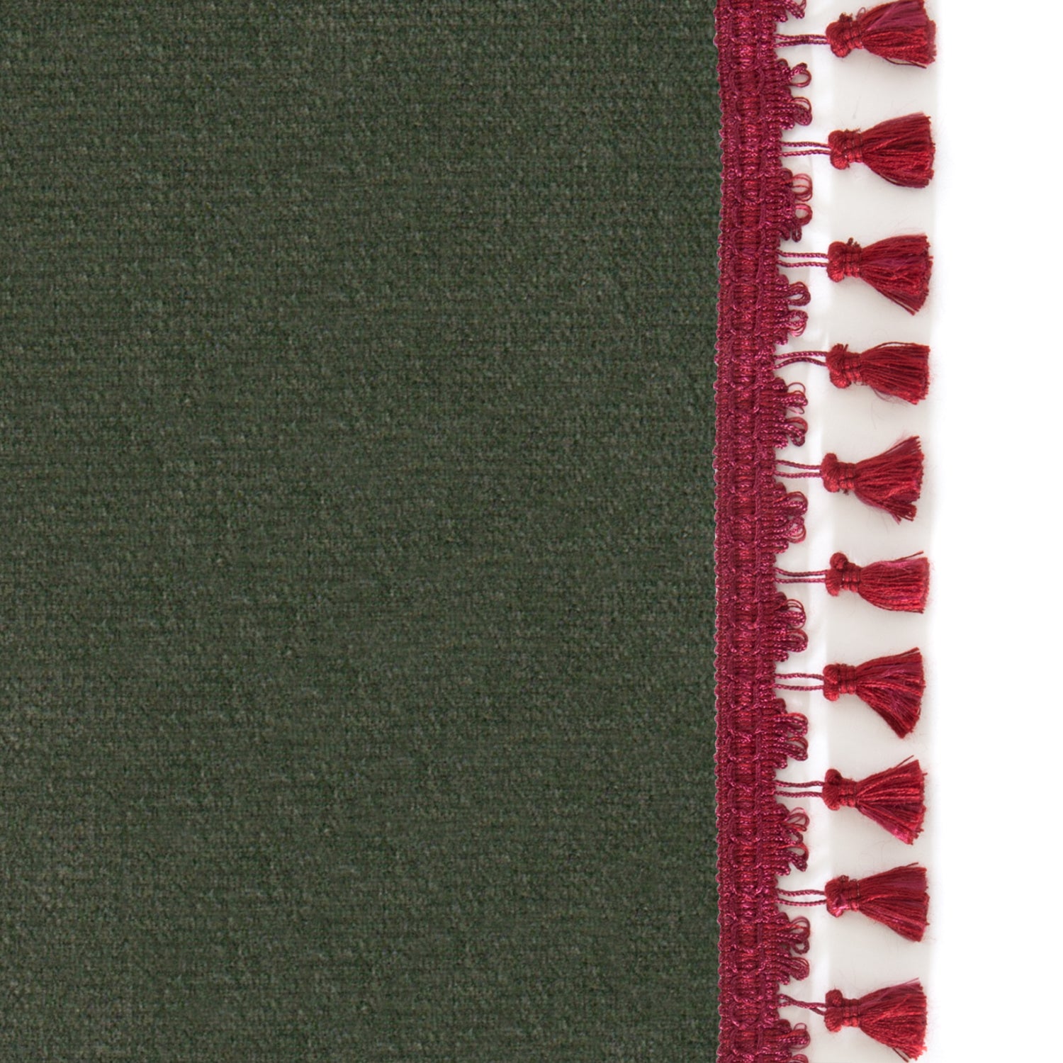 Upclose picture of Fern Velvet custom Fern Greencurtain with fern raspberry tassel trim