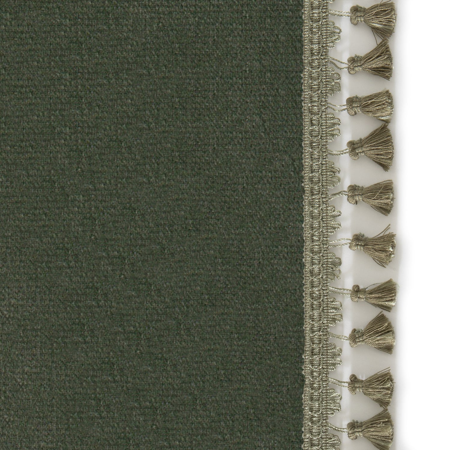 Upclose picture of Fern Velvet custom Fern Greencurtain with sage tassel trim