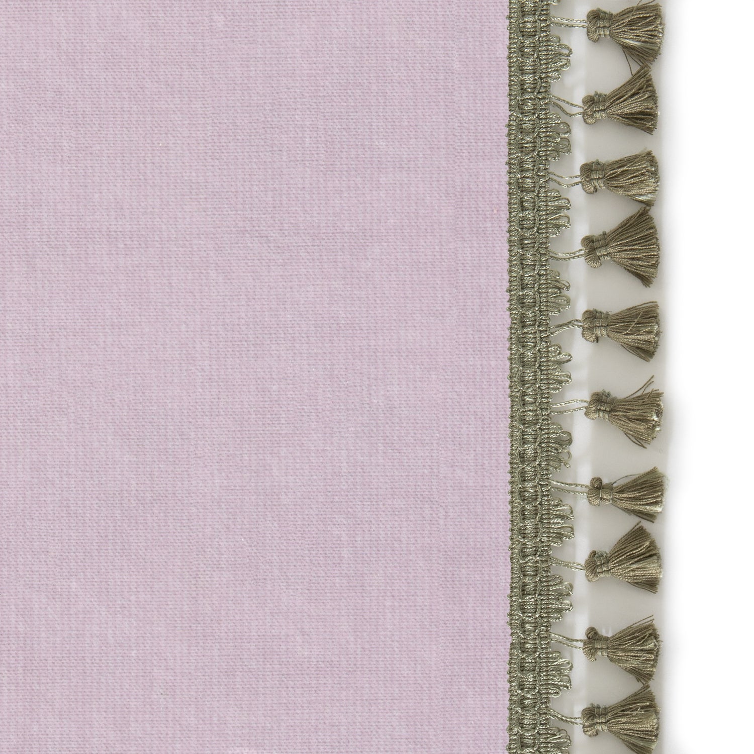 Upclose picture of Lilac Velvet custom curtain with sage tassel trim