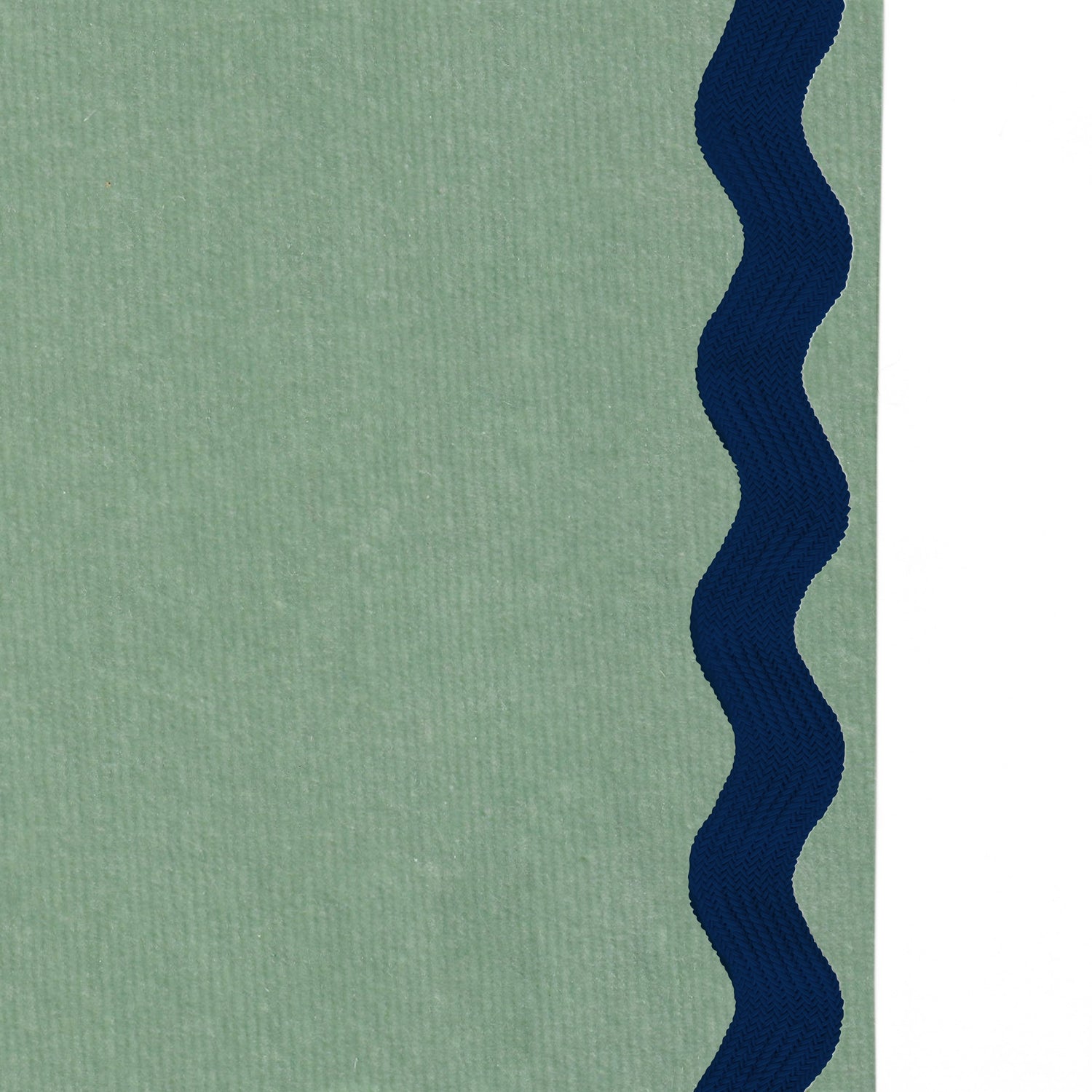 Upclose picture of Sea Salt Velvet custom Blue Greencurtain with midnight rick rack trim